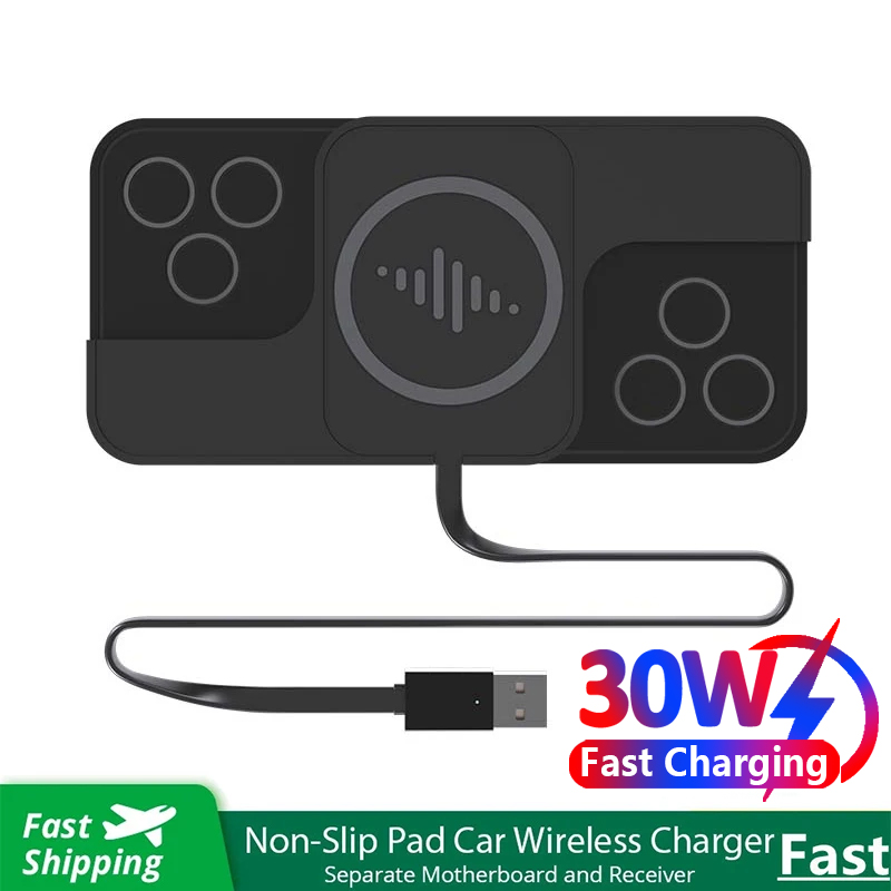 30W Fast Car Wireless Charger Pad for iPhone 15 14 13 12 Samsung Huawei AirPods Phone Non-slip Quick Car Wireless Charging Stand