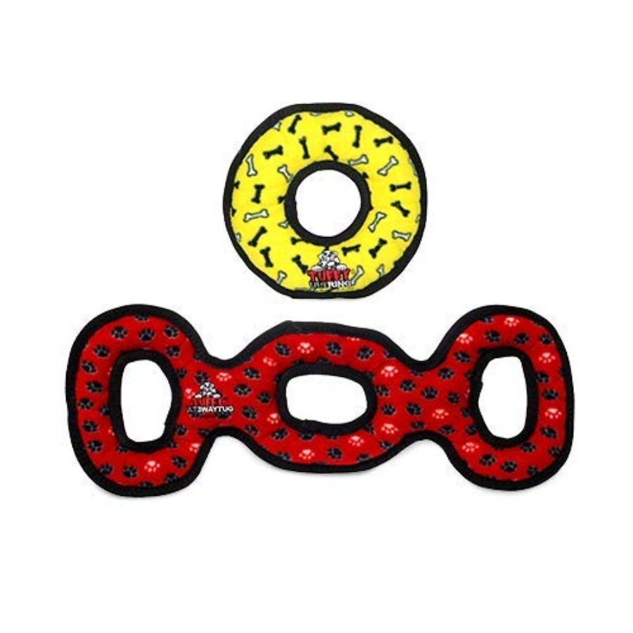 - World's Tuffest Soft Dog Toy -Ultimate Ring Yellow and 3 Way Tug Red-Combo Pack-Squeakers-Made Durable Strong and Tough.Inter