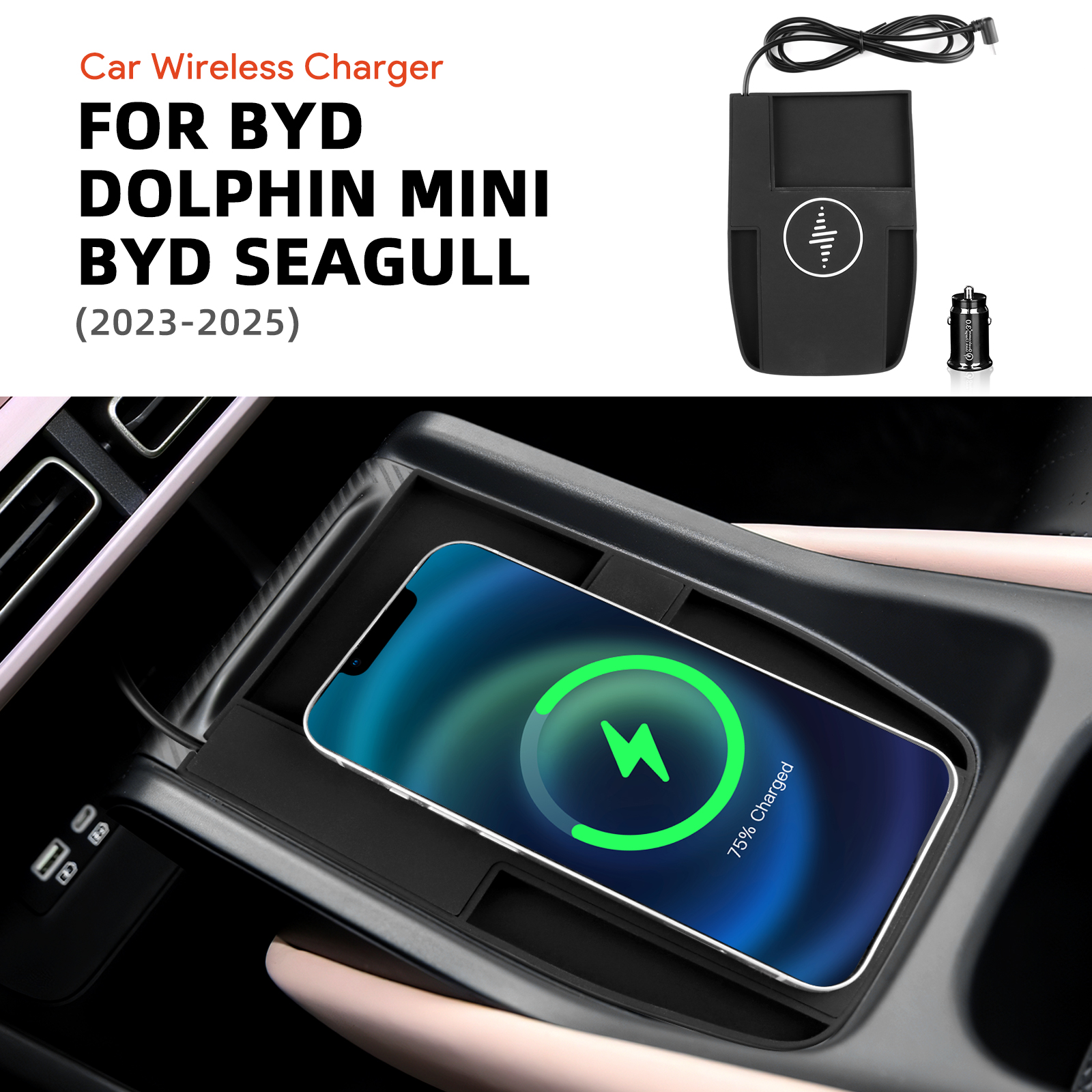 For BYD Seagull 2023 2024 2025 Car Wireless Charger Pad Fast Charging Center Console Organizer Interior Modification Accessories