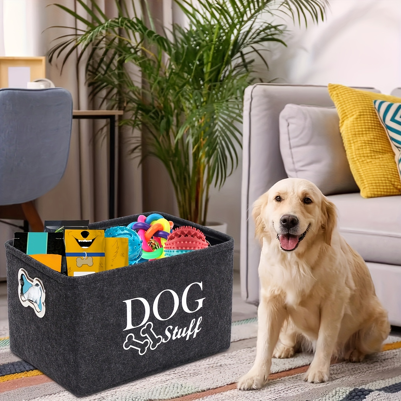 Pet Storage Box - Black Plush Durable Polyester No Assembly Toy Blanket Rope Organizer Basket Pet Chest Organizer