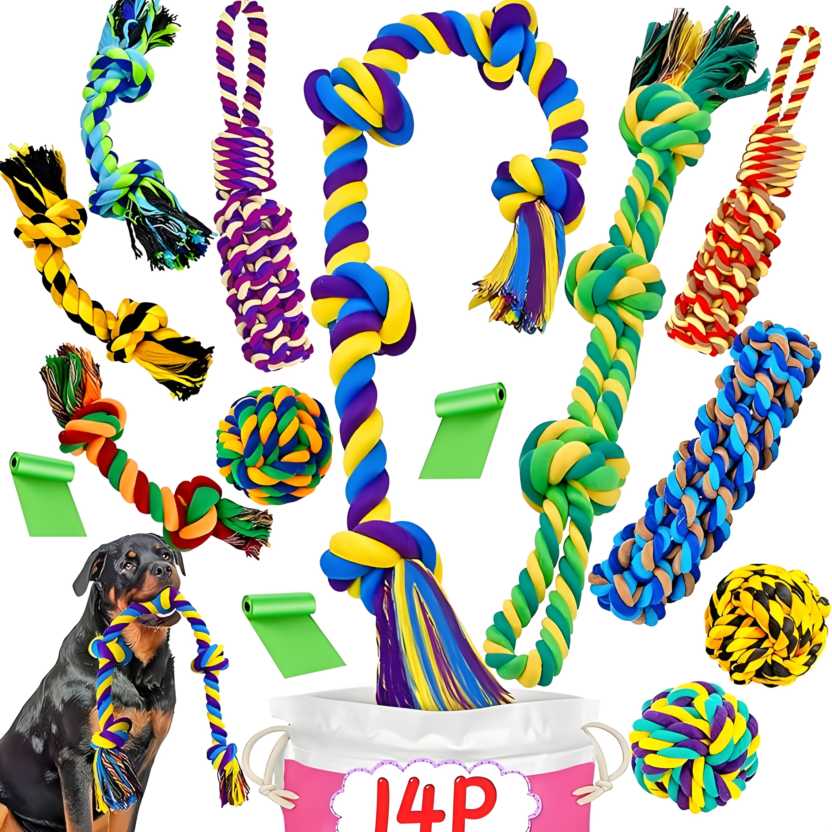 14pcs, Tough Rope Bite Toy for Large And Medium Dogs, Suitable for Large Breed, Tug-of-war Dog Toys, Tooth Cleaning, Suitable for Intense Chewing, Interactive Dog Toys