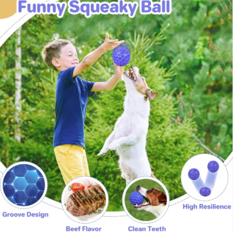 Indestructible Natural Rubber Dog Chew Toy Squeaky Beef Flavor Hexagonal Design Dental Health for Aggressive Chewers