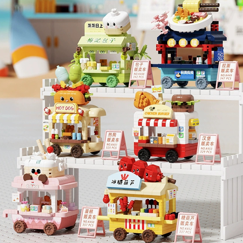 DIY Street Food Truck Building Blocks Kit - Hot Dog Ice Cream Flower Hamburger Cart Model Toy for Kids Children's Bricks Playset