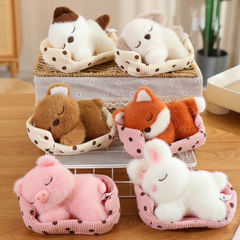 14CM Kawaii Sleeping Hut Rabbit Fox Bear Dog Cat Pig Baby Animal Plush Toy Handmade Doll Children's Desk Gift