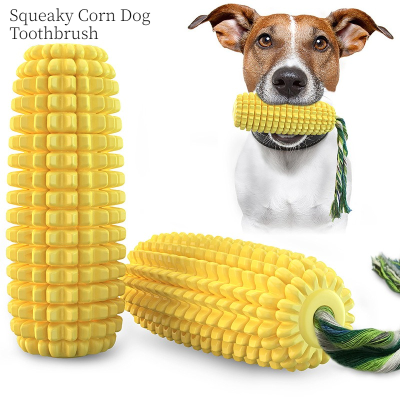 Squeaky Corn Dog Toothbrush Eco-friendly Chew Teeth-cleaning Teething Stick, Self-entertaining Dog Interactive Toy