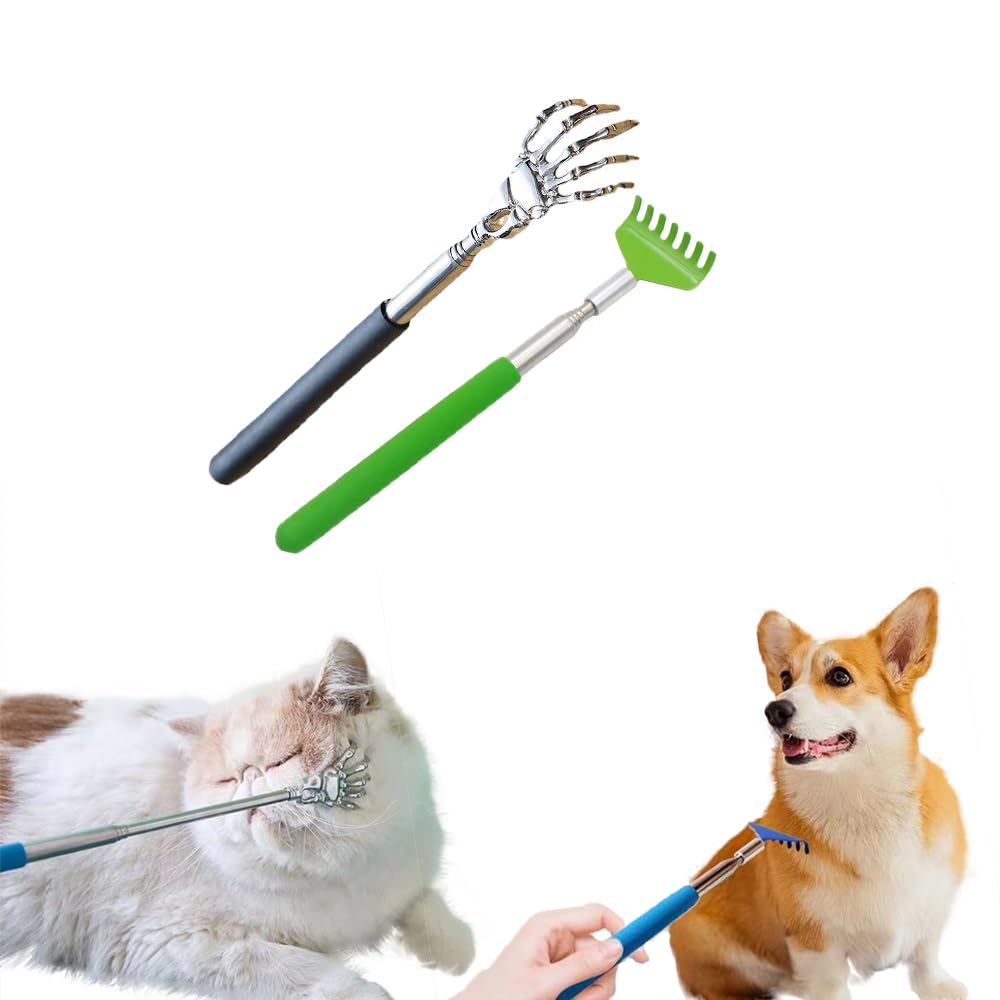 2-Pack Pet Interactive Touch Therapy Toys for Cats & Dogs, Telescopic Massage Stick, Retractable 22in Skeleton Hand & Rake Wand