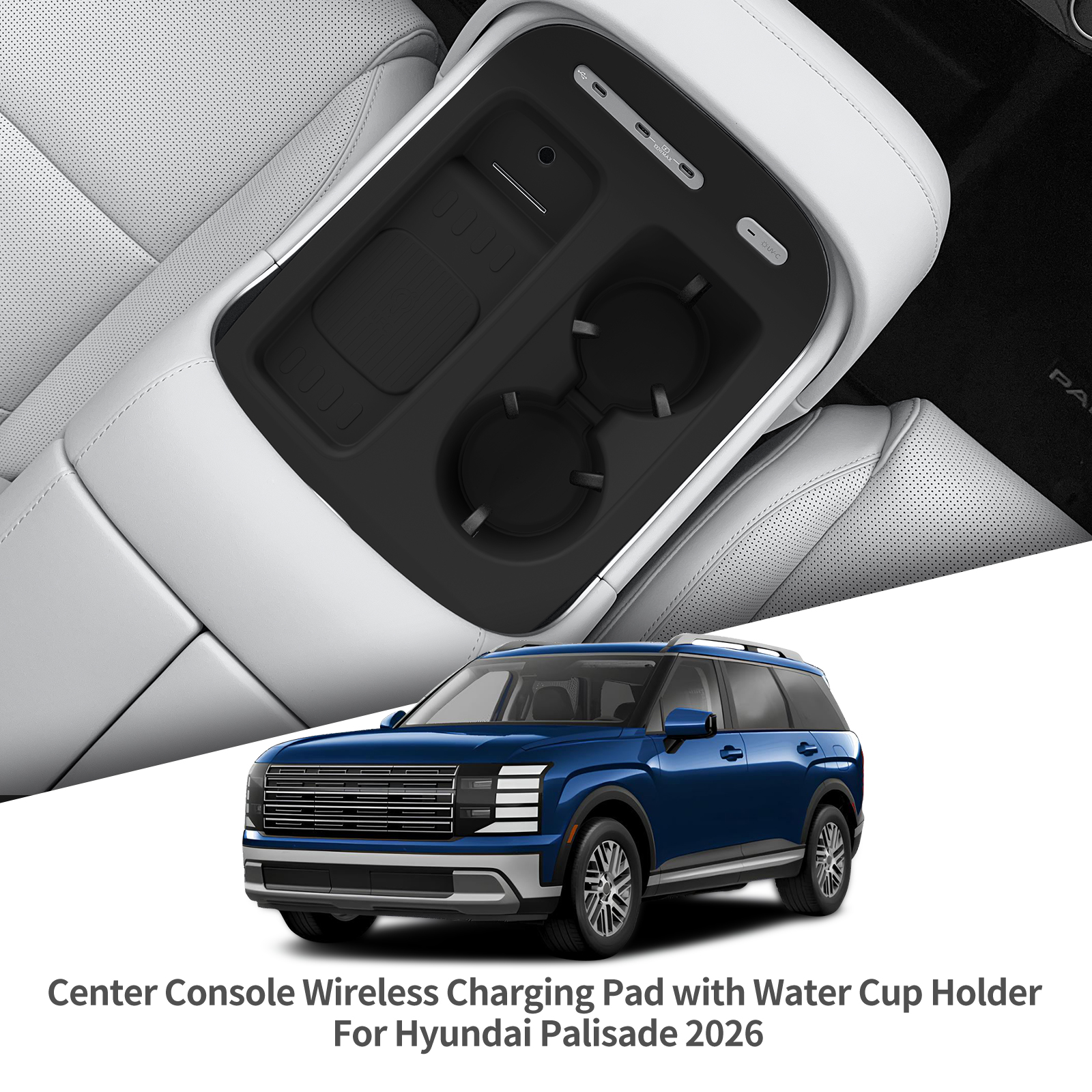 for Hyundai Palisade 2026 Water Cup Holder Storage Box With Non-slip Wireless Charging Mat Central Protective Pad Accessories