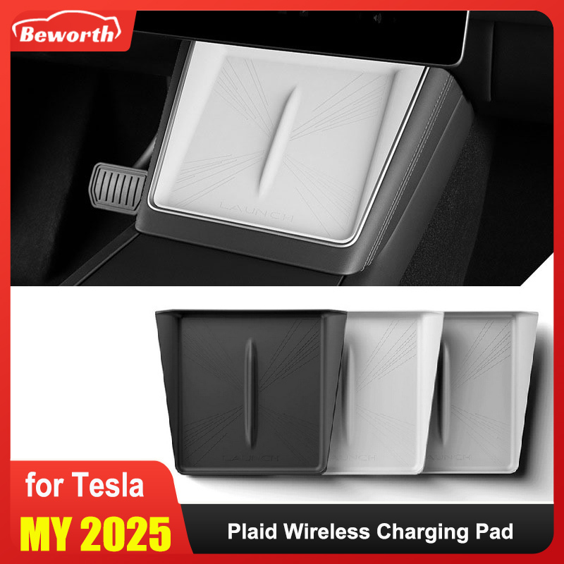 for Tesla New Model Y Juniper/Launch 2025 Wireless Charging Pad Anti-skid Cover Plaid  Silicone Car Phone Non-slip Charger Mat