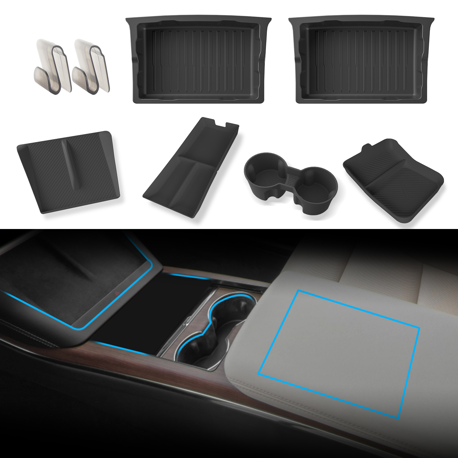 For Tesla Model X Under Seat Storage Box Center Console Wireless Charging Pad Armrest Storage Pad Organizer Tray Accessories 8Pc