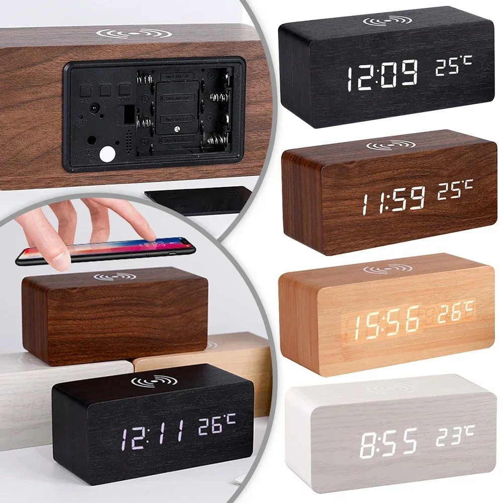 Modern Wooden Wood Digital LED Desk Alarm Clock Thermometer Wireless Charger With Qi Wireless Charging Pad Alarm Clock LED