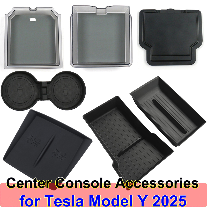 for Tesla Model Y Juniper Launch 2025 Center Console Storage Box Armrest Box Hidden Organizer Wireless Charging Pad MY Cup Mat