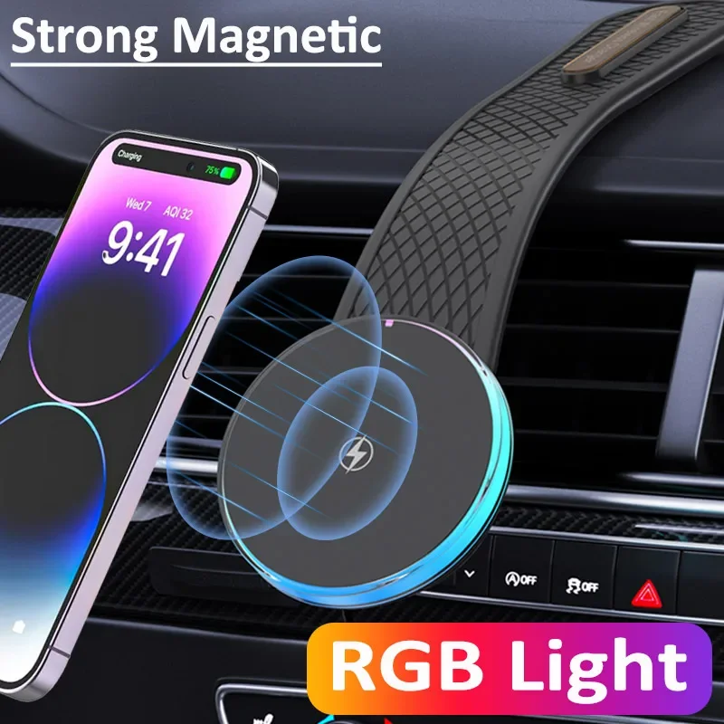 Magnetic Fast RGB Light Wireless Charger Pad Car Dashboard Sticker Bracket For iPhone 15 14 13 12 Pro Max Tesla Charging Station