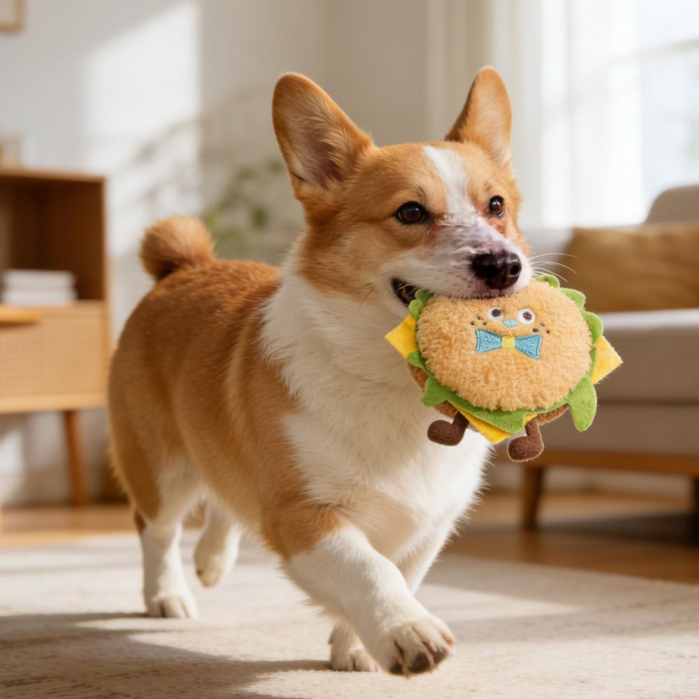 Dog Plush Chew Toy Squeaky Soft Burger Fried Shrimp Puppy Teething Toy Food Shape Stuffed Toy for Small Dogs Teeth Cleaning