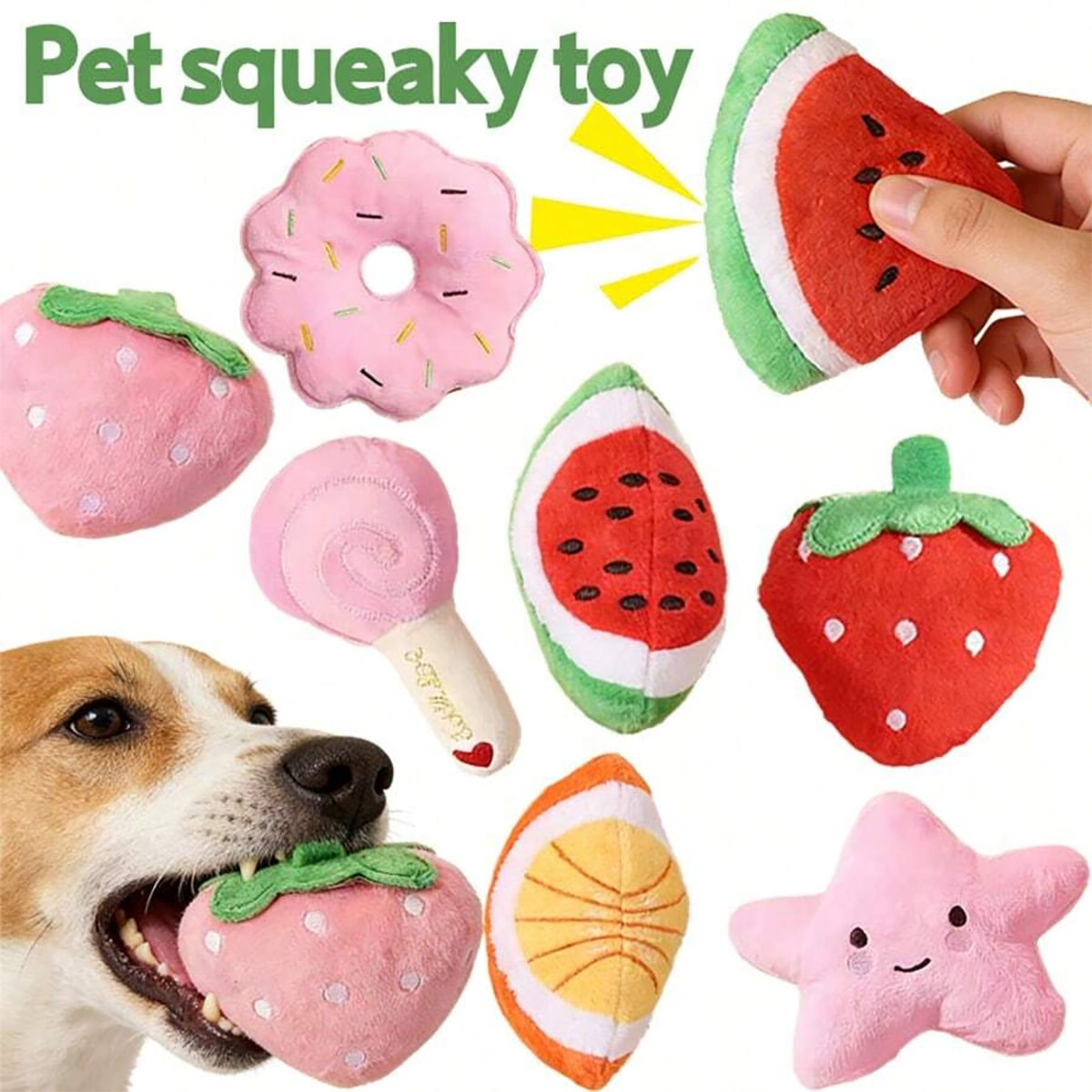4-Piece Set of Plush Sound-Making Pet Toys, Suitable for Small Dogs and Cats - Lollipop, Star, Donut, and Strawberry Shapes - Interactive Play and Sleep Companion, Dog Chew Toys, Accessories